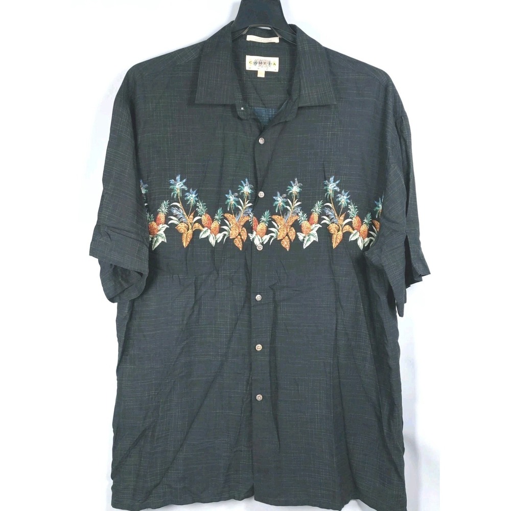 Campia Moda Hawaiian‎ Shirt Mens XLarge Black Floral Pineapple Camp Button Up
